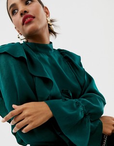 Приталенная блузка с длинными рукавами и оборками ASOS DESIGN - Зеленый