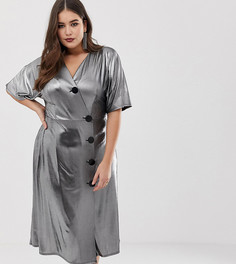 Чайное платье миди с эффектом металлик и металлическими пуговицами ASOS DESIGN Curve - Серебряный