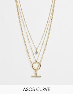 Золотистое многоярусное ожерелье с минималистичными подвесками в виде кольца и в стиле тогл ASOS DESIGN Curve - Золотой
