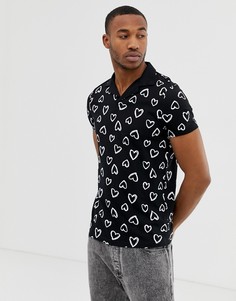 Поло с отложным воротником и принтом сердец ASOS DESIGN - Черный