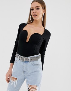 Боди с глубоким вырезом, длинными рукавами и планкой ASOS DESIGN - Черный