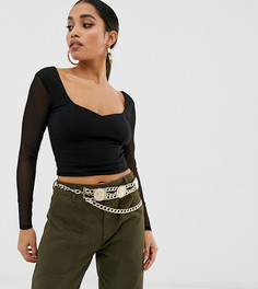 Топ с сетчатыми рукавами и вырезом сердечком ASOS DESIGN Petite - Черный