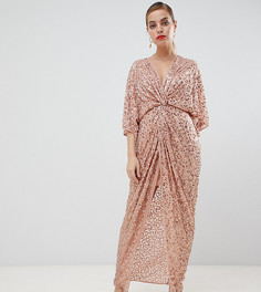 Платье-кимоно макси с пайетками и узелком ASOS DESIGN Petite - Розовый