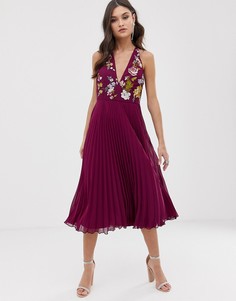 Платье миди с халтером, вышивкой и плиссированной юбкой ASOS DESIGN - Мульти