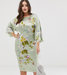 Платье-кимоно миди с цветочной вышивкой ASOS DESIGN Curve - Зеленый