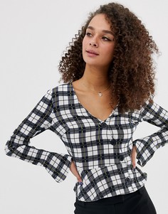 Блузка в клетку с запахом и пуговицами Miss Selfridge - Темно-синий
