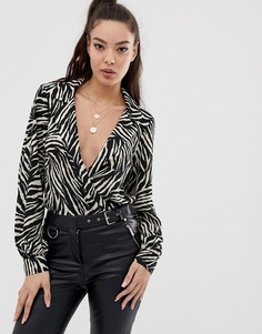 Боди с запахом, длинными рукавами и принтом зебра ASOS DESIGN - Мульти