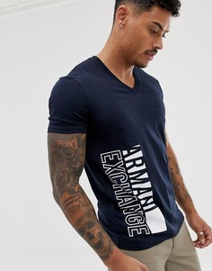 Темно-синяя футболка с логотипом и V-образным вырезом Armani Exchange - Темно-синий