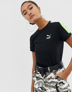 Черная узкая футболка с неоново-зелеными вставками Puma Classics - Красный