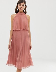 Плиссированное платье миди с халтером и завязкой ASOS DESIGN - Розовый