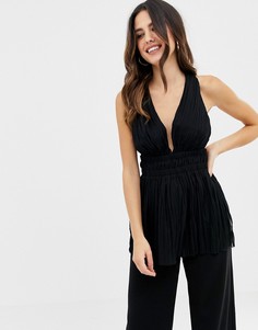 Плиссированный топ с глубоким вырезом и перекрестом сзади ASOS DESIGN - Черный