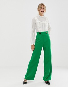 Широкие зеленые брюки с пуговицами Miss Selfridge - Зеленый