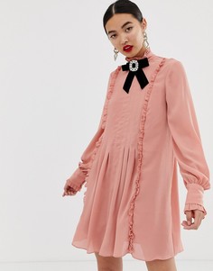 Розовое платье свободного кроя с оборками River Island - Кремовый
