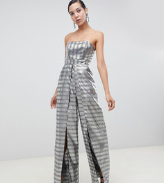 Серебристый жаккардовый комбинезон-бандо с разрезами ASOS DESIGN Tall - Серебряный