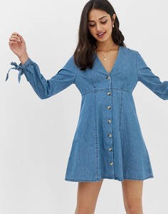 Синее джинсовое чайное платье с завязками на рукавах ASOS DESIGN - Синий