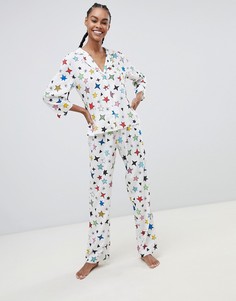 Классический пижамный комплект с брюками с принтом в виде звезд ASOS DESIGN - Белый