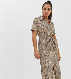 Платье-рубашка миди с леопардовым принтом и поясом ASOS DESIGN Petite - Мульти