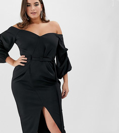 Платье миди с поясом и объемными рукавами ASOS DESIGN Curve - Черный