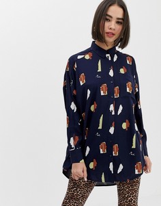 Удлиненная oversize-блузка темно-синего цвета с принтом Monki - Мульти