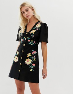 Чайное платье мини на пуговицах с вышивкой ASOS DESIGN - Черный