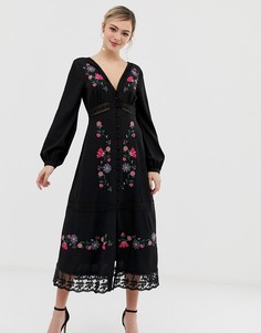 Платье макси с вышивкой и кружевными вставками ASOS DESIGN - Черный
