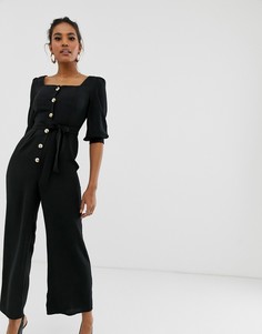 Комбинезон с квадратным вырезом, пышными рукавами и пуговицами ASOS DESIGN - Черный