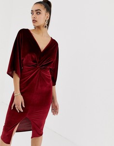 Темно-красное бархатное платье миди с глубоким вырезом и перекрутом Missguided - Красный