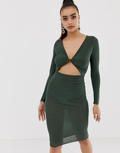 Облегающее платье миди цвета хаки с перекрученной отделкой спереди Missguided - Зеленый