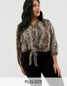 Блузка с анималистичным принтом и завязкой New Look Curve - Коричневый