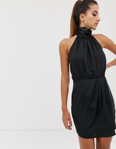 Черное атласное платье мини с халтером и сборками Missguided - Черный