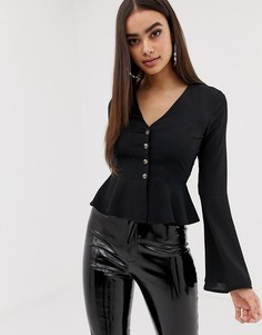 Черная блузка на пуговицах с баской и широкими рукавами Missguided - Черный