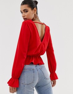 Красная блузка с V-образным вырезом спереди и сзади и оборками Boohoo - Красный