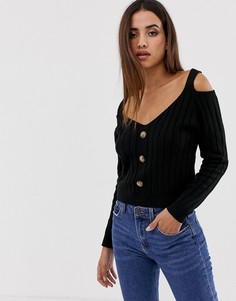 Черный джемпер на пуговицах с V-образным воротом и вырезами на плечах Boohoo - Черный