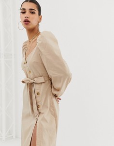 Светло-бежевое асимметричное платье миди на пуговицах с присборенными пышными рукавами Boohoo - Светло-бежевый