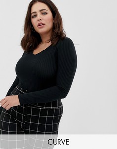 Черное боди в рубчик с запахом New Look Curve - Черный