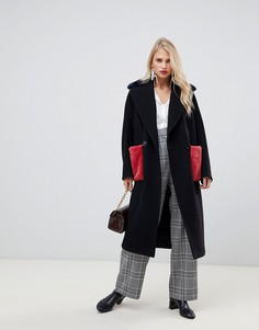 Двубортное пальто с искусственным мехом на карманах Helene Berman - Черный