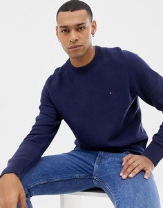 Темно-синий вязаный хлопковый джемпер с круглым вырезом и логотипом Tommy Hilfiger - Темно-синий
