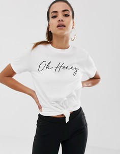 Белая футболка с надписью oh honey и завязкой Missguided - Белый