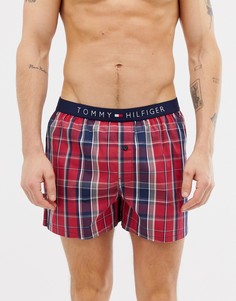 Красные хлопковые боксеры в клетку с логотипом-флагом на поясе Tommy Hilfiger - Красный