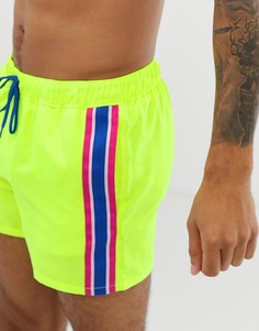 Короткие шорты для плавания неоново-желтого цвета с полосками по бокам ASOS DESIGN - Желтый