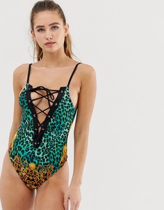 Слитный купальник с глубоким вырезом и звериным принтом ASOS DESIGN - Мульти