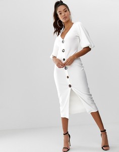 Платье миди на пуговицах с пышными рукавами ASOS DESIGN - Белый
