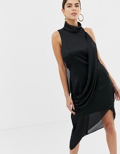 Платье миди с драпировкой, высоким воротом и отделкой ASOS DESIGN - Черный