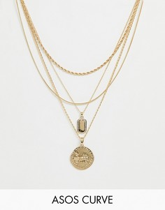 Золотистое ожерелье в несколько рядов с подвесками в виде монеты и армейского жетона с отделкой камнями ASOS DESIGN Curve - Золотой