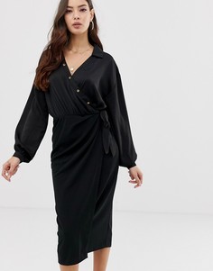 Атласное платье-рубашка миди с запахом ASOS DESIGN - Черный