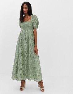 Платье макси с пышными рукавами и вышивкой ришелье ASOS DESIGN - Зеленый