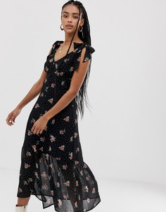 Платье миди с цветочным принтом и оборками Wild Honey - Черный
