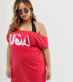 Трикотажная пляжная накидка в стиле футболки с открытыми плечами и принтом USA ASOS DESIGN Curve - Красный