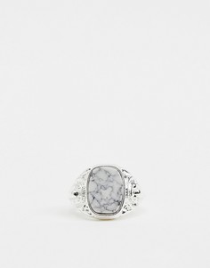 Серебристое кольцо-печатка с белым камнем Chained & Able - Серебряный