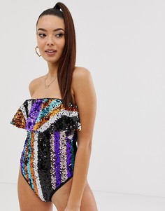 Слитный купальник с оборкой, разноцветными полосками и пайетками ASOS DESIGN - Мульти